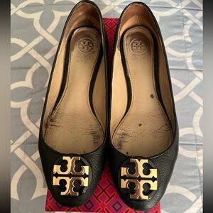 Tory Burch Black Leather Flats with Gold Accents